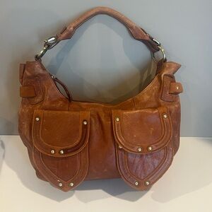 Sondra Robert’s brown leather patina shoulder bag pre loved purse